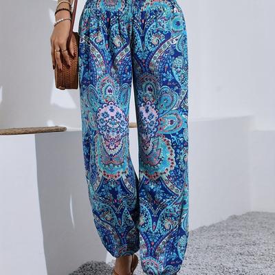 TEMU Women's Elegant Paisley Print Harem Pants - High-waisted, Loose Fit, & Turquoise Design, Polyester Blend, Machine Washable, Casual Wear Image