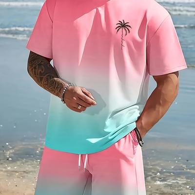 TEMU Men's Summer Beach Vacation Gradient Color Coconut , Casual Round Neck Pullover Digital Image
