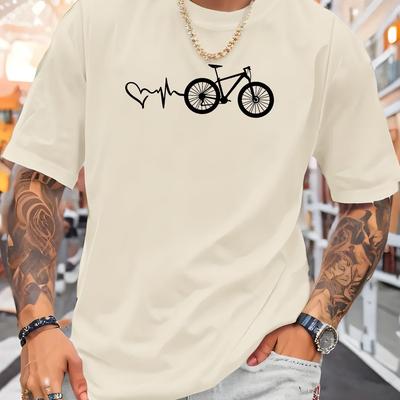 TEMU Men's Summer Fashion T-shirt - Casual Round Neck, Short Sleeve With Bike Print, Breathable Polyester Image