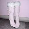 Rosa Pelz Bogen Knoten Kniehohe Stiefel Thin High Heel Spitz Mode Sexy Cool 2025, Winter Große Größe Frau Schuhe Zapatillas Mujer