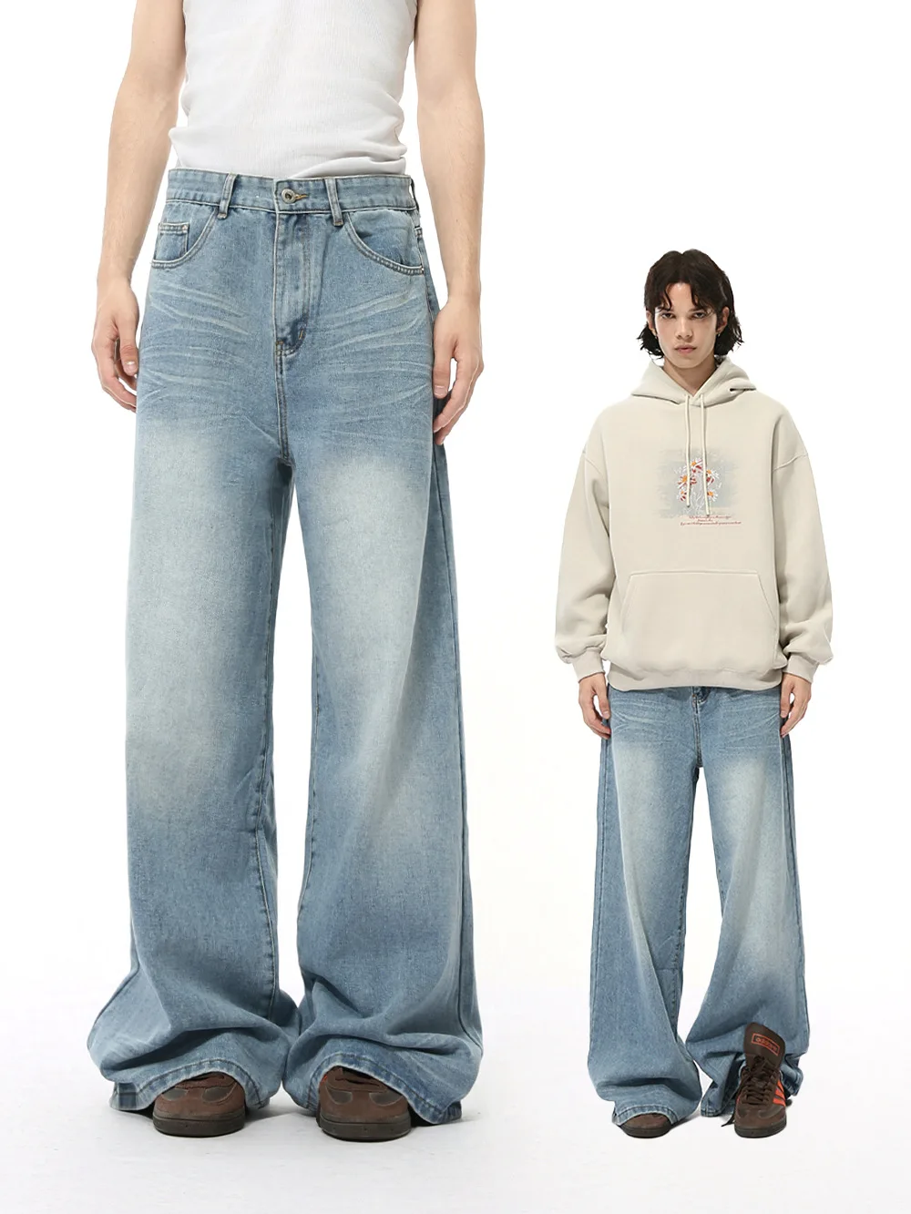 Gefaltete Distressed-Jeans mit geradem Bein im amerikanischen Stil für Herren, High Street, locker, weites Bein, bodenlange Hose, trendig Image