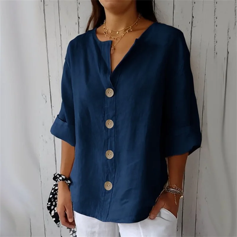 Sommer Lose Shirt frauen V-ausschnitt Baumwolle Leinen Taste Top Casual Shirts Solide Mode Elegante Büro Frauen Kleidung 2025 Bluse Image
