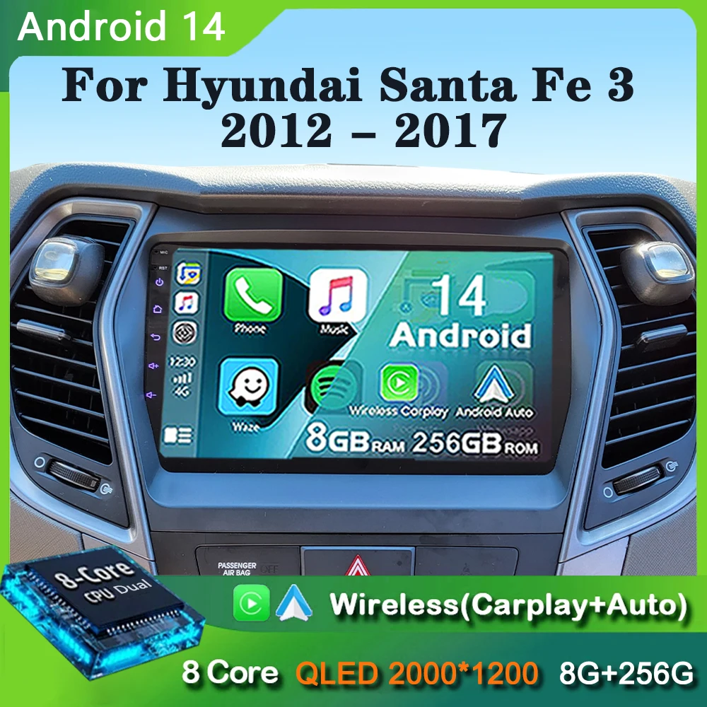 Android 14 Carplay Auto Radio Für Hyundai Santa Fe 3 Grand IX45 2012-2017 Navigation GPS Multimedia Player WiFi + 4G Stereo video Image