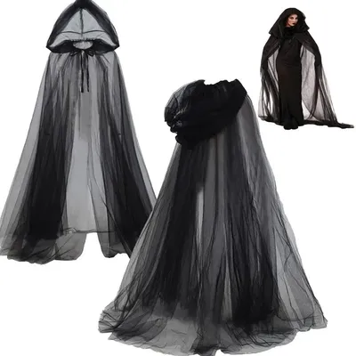 Mittelalterliches Hexenkostüm, Elfenumhang, Damen, Halloween, mit Kapuze, Tüllumhang, Cosplay, Image