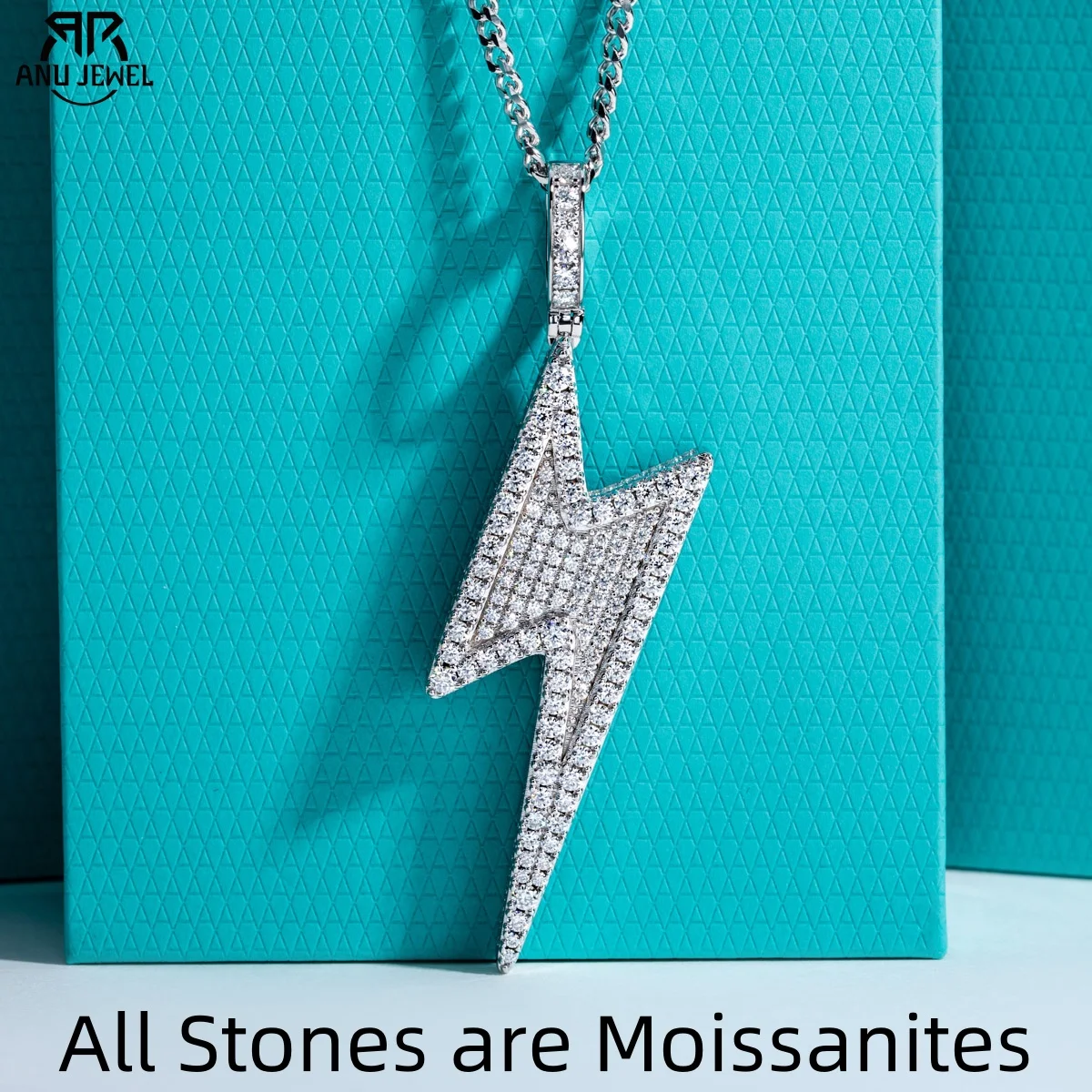 AnuJewel Moissanit Blitz Coole Anhänger Hip Hop Halskette 925 Sterling Silber Kette 60 cm Dope Geschenke für Männer Statement Schmuck