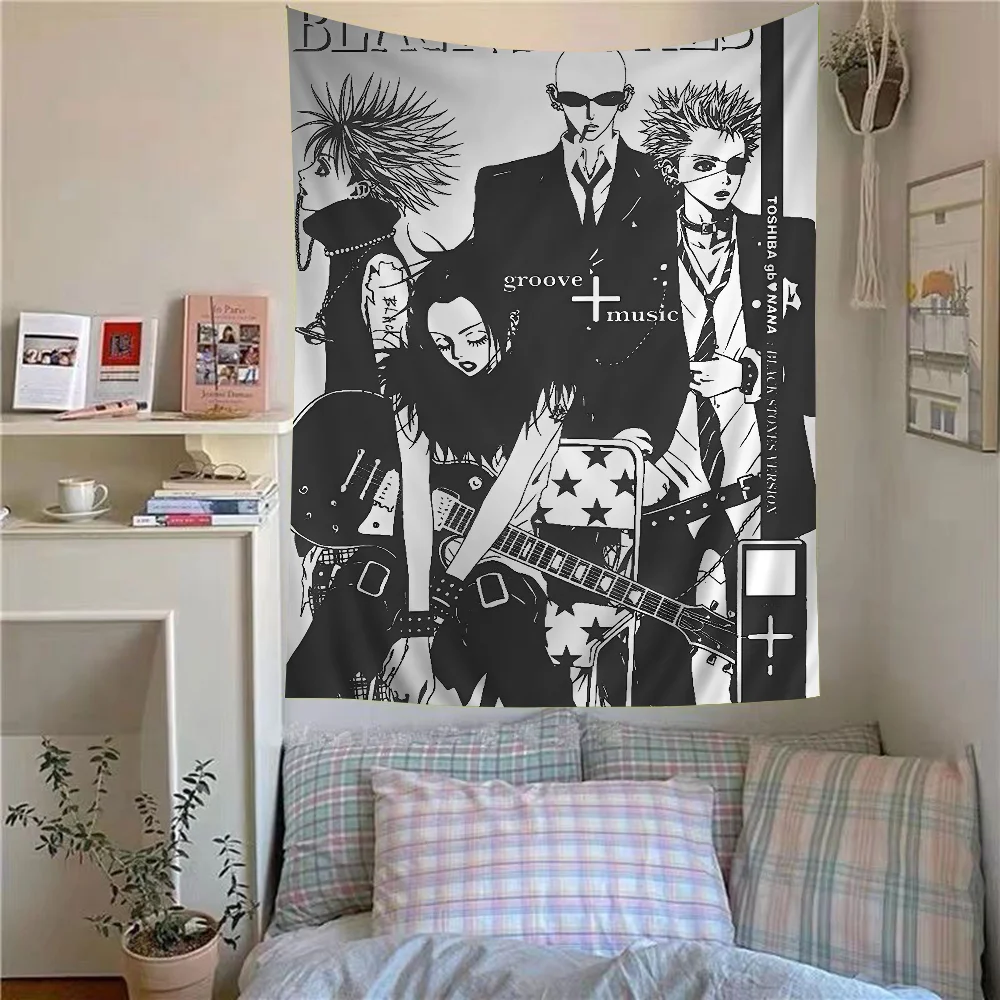 VIKAMA Wandteppich im Retro-Anime-Stil, schwarz-weißer Farbverlauf, Airbrush, Punk, Rock, Musik, Thema, Raumdekoration, Studio, Spielzimmer