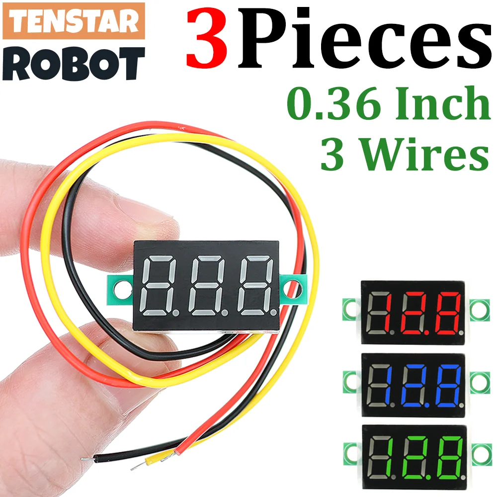 TENSTAR 3 Stück 0,36 Zoll DC 0-30 V Mini-Voltmeter Spannungsmessung Chip-Modul Rot Blau Grün 3 Drähte LED Digitalvoltmeter Image