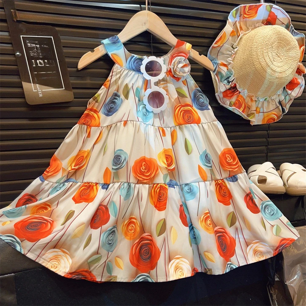 Koreanische Version Modisches, buntes Kleid mit Rosenmuster und Hals zum Aufhängen, Sommer, neuer Artikel für Kinder-Freizeitkleidung zu Hause und im Freien Image