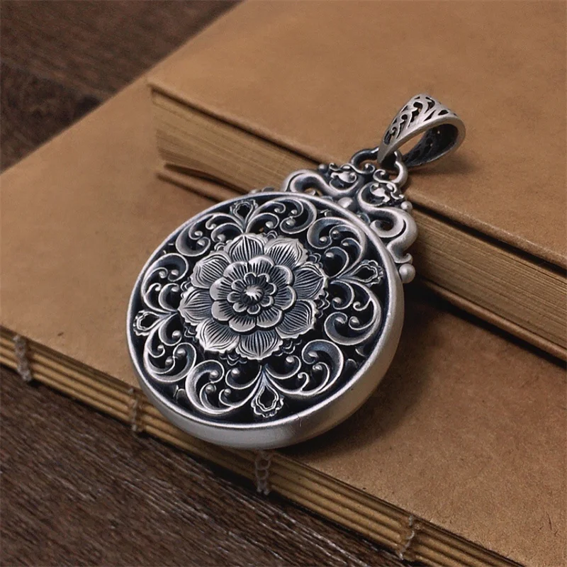 Luxus hohle Pfingstrose Blume Anhänger für Dame Halsreif Accessoires Retro buddhistische Schriften Mantra Schnalle Halskette Frauen Schmuck Image