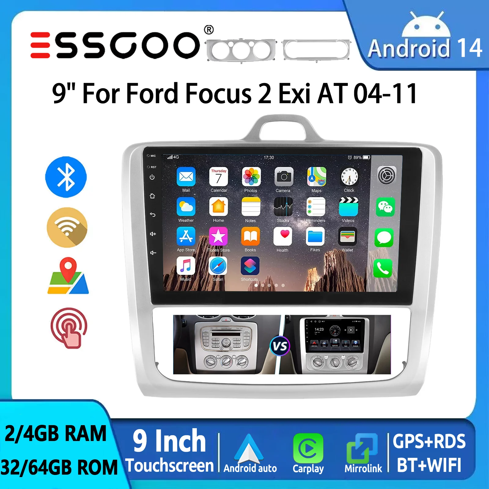 ESSGOO 9" Touchscreen Android 14 Für Ford Focus MK2 MK II 2004–2011 Autoradio Wireless CarPlay Android Auto GPS Navi WiFi BT SWC USB RDS Mirror Link Multimedia-Player Image