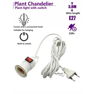 Rafford Bulb Holder 3.8M EU Bulb Socket Adapter Hanging Pendant Lamp Plug Holder E27 Screw for Bedroom Lighting Plant Grow Light