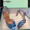 Sommer Neue Blau Strass Sandalen Offene spitze Stiletto Schnalle Abendessen Schuhe Elegante Luxus