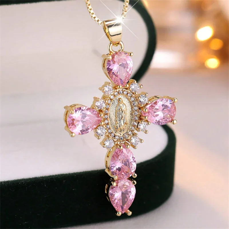 Luxus Kristall Rosa Zirkon Anhänger Halskette Für Frauen Vintage Wasser Tropfen Kreuz Strass Halsband Hochzeit Schmuck Geschenke
