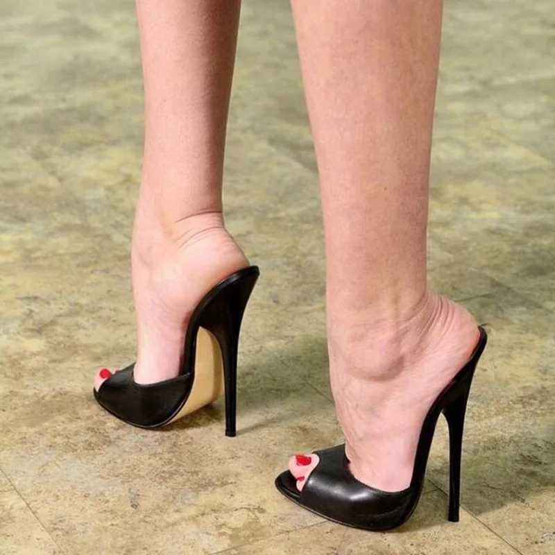 Ultra High Heel Frauen Pantoletten Schuhe Peep Toe Schwarz Rot Matt Leder Slip On Cover Heels Sommer Sandalen 13CM Außerhalb Schuhe