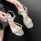 Square Heel Sandals Women's Fashion Square Toe Open Toe Sequin Thin Strap Metal Buckle Anti-Slip Wear-Resistant Kitten Heels