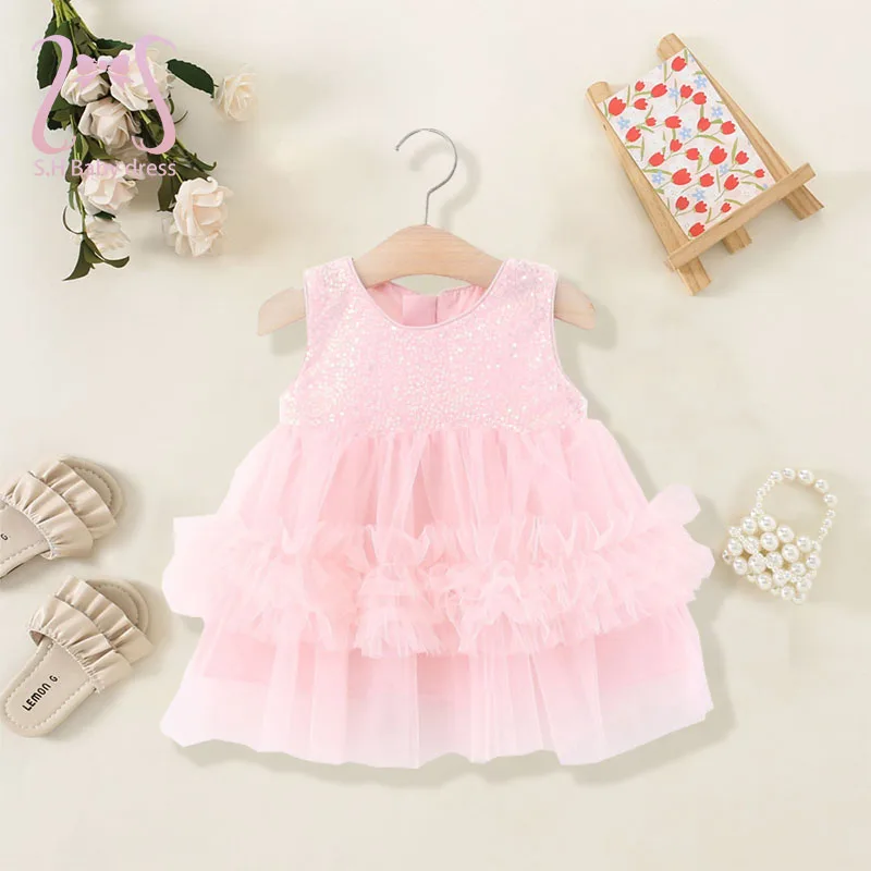 Kinder Taufe Outfit Sommer Neugeborenen Taufe Geburtstag Party Baby Mädchen Mesh Kleid Pailletten Elegante Kleinkind Prinzessin Kleider Image