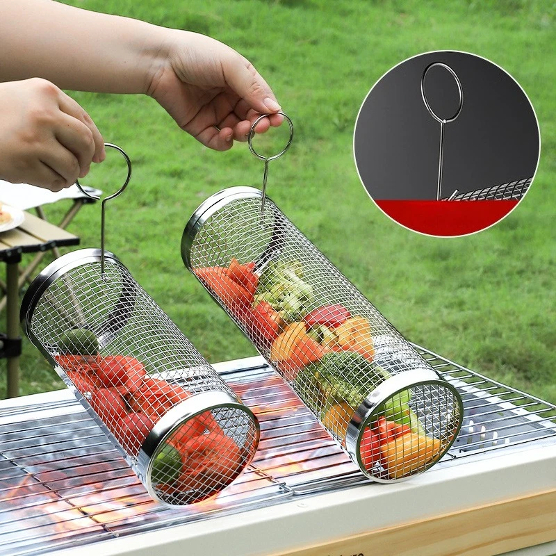 BBQ Grill Korb Roll Tragbare Edelstahl Grill Käfige Korb Camping Picknick für Kochgeschirr Outdoor Runde Grill Baske Image