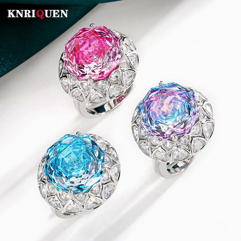 Neue Charms 14MM Rosa Quarz Aquamarin Turmalin Ring für Frauen Party Edlen Schmuck Zubehör Aussage Dame Jahrestag Geschenk Image