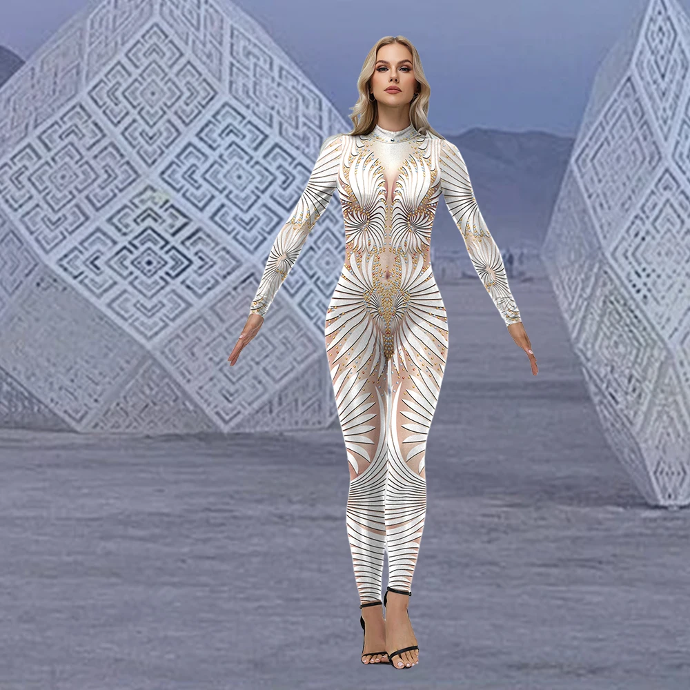 Burning Man Overall für Frauen Wüste Karneval Party Cosplay Kostüm Mode Muster Body Bühnenauftritte Zentai Kleidung Image