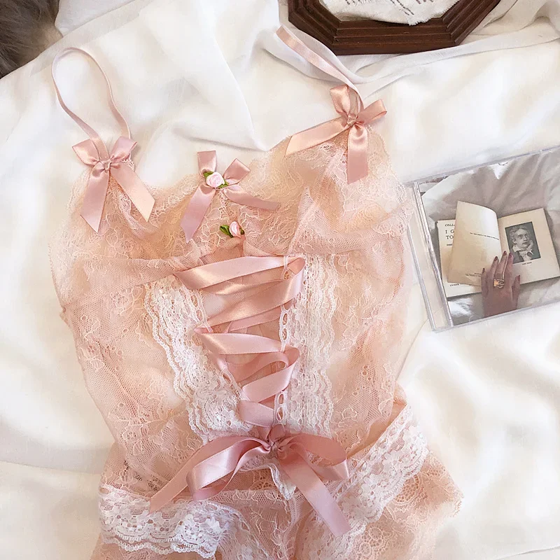 Wriufred Sexy feenhaftes rosa Träger-BH-Set mit Schleife und perspektivischem BH, einteiliger Anzug, kleine Nachtkleidung, Versuchung, Spitzen-Dessous Image