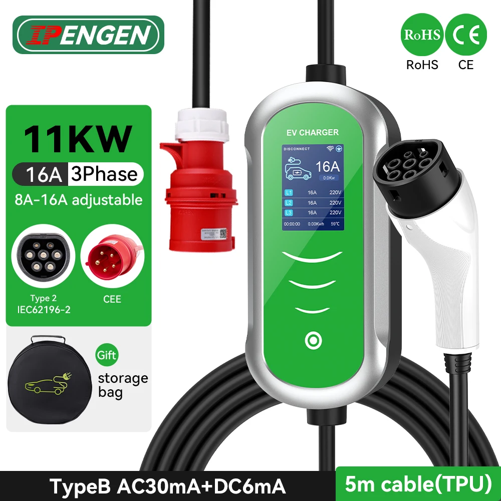 IPENGEN 11KW EV Tragbares Ladegerät Typ2 EVSE Laden Einstellbarer Strom 16A 3Phase Elektroauto-Ladegerät Set Lade-/Verzögerungszeit Image