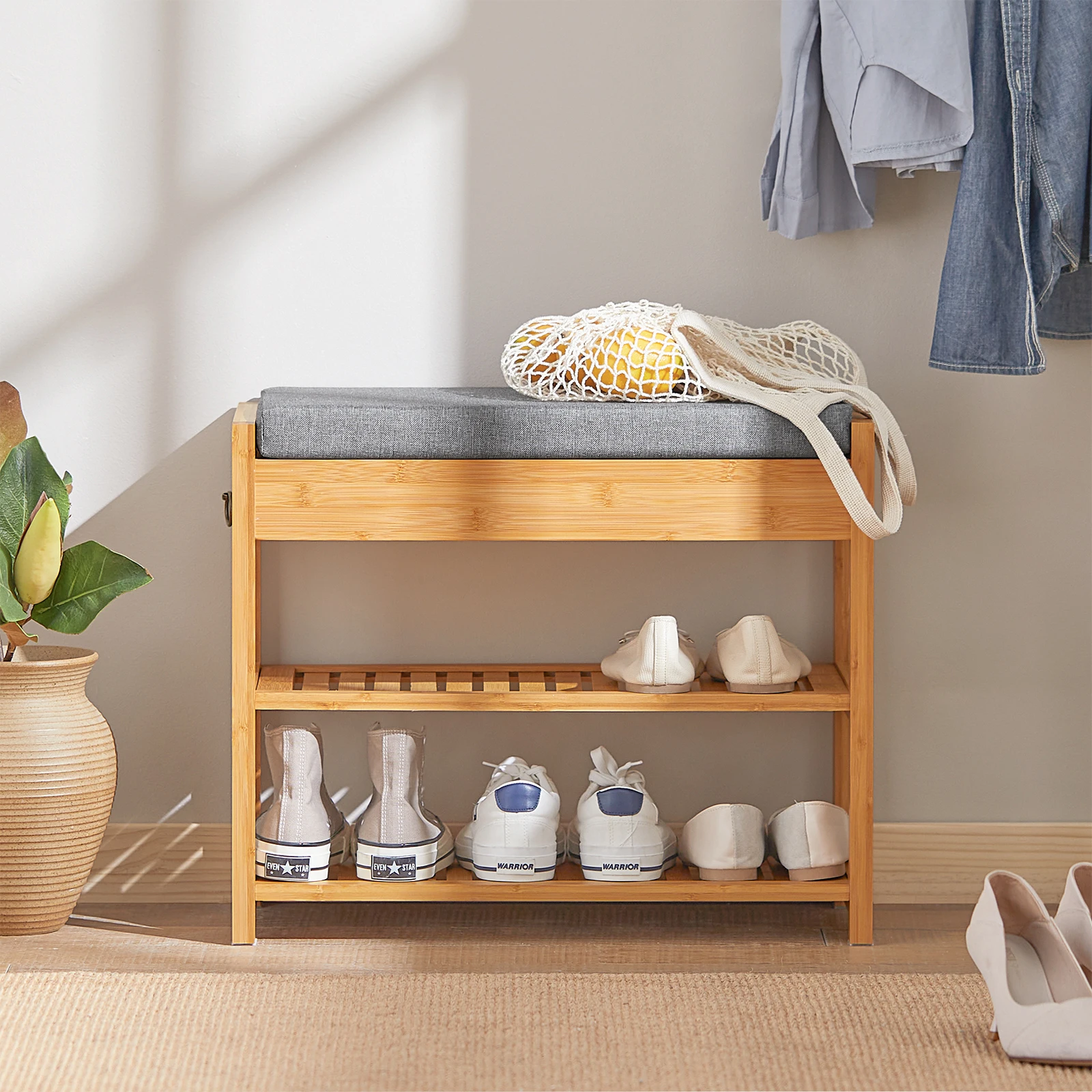 SoBuy FSR49-N Schuhbank mit Sitzkissen und Schublade Sitzbank Schuhregal Bambus BHT ca.: 55x46x30cm