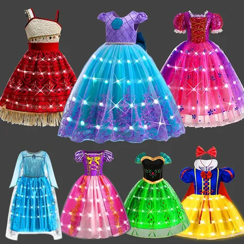Robe princesse lumineuse pour filles, Raiponce Ariel, blanche-neige, Moana, Elsa, Anna, Costume d'halloween, robe de fête d'anniversaire pour enfants