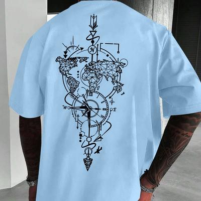 TEMU Men's Casual Summer T-shirt With Intricate Geometric Print - Light Blue, Short Sleeve, Round Neck, Outdoor Activities, Outdoor Clothing | Graphic Tee | , Plus Size Image