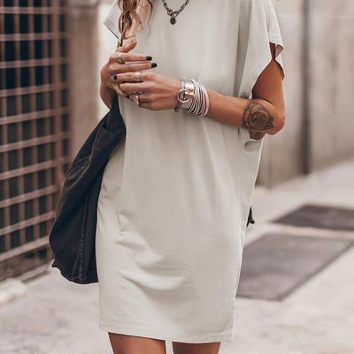 TEMU Elegant Off-shoulder Midi Dress For Women - Crew Neck, Solid Color, Loose Fit, Summer Collection, Beige, Ladies Dres Image