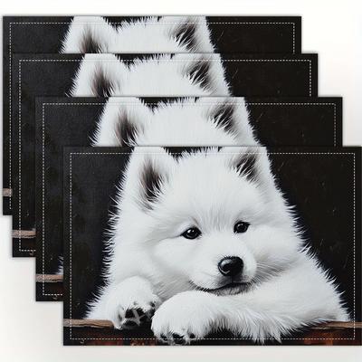 TEMU 4pcs White Fluffy Samoyed Pupply Dog Painting Holiday Party Decor, Rectangular Washable Kitchen Dining Room Decor Cpd0390 Image