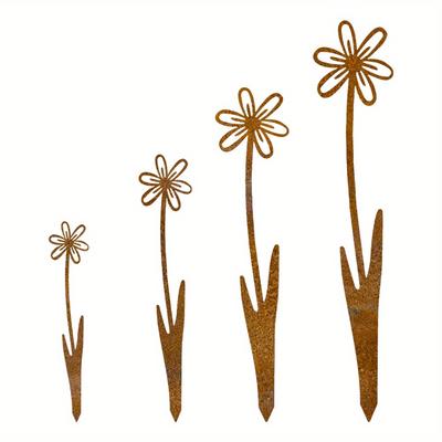TEMU 4pcs Rusty Metal Flower Stakes - Rusted Garden Yard Art, Decorative Lawn Accents, Outdoor Metal Plant Decor For Patio, Lawn & Garden, Patio Decorations Image