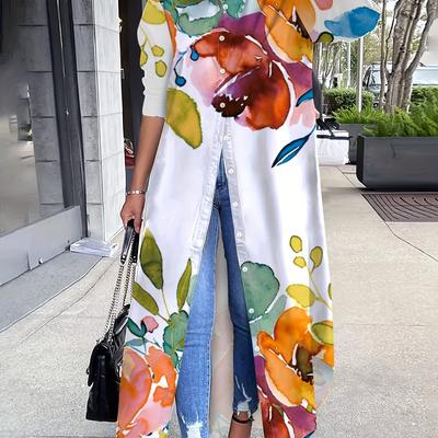 TEMU Plus Size Floral Print Dress, Casual Button Front Shirt Dress For Spring, Women's Plus Size Clothing Image