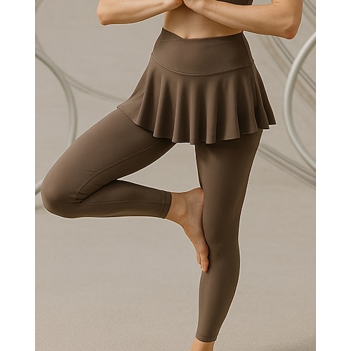 Damen Yogahose Yoga-Leggings Plissiert 2 in 1 Pilates Fitness Yoga Hosen Einfarbig Schwarz Braun Sport Sportkleidung Mikroelastisch Image