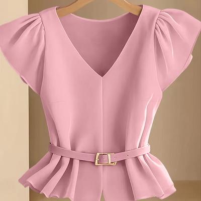 TEMU Women's V-neck Short Sleeve Blouse With Decorative Belt - Middle Eastern-inspired Regular , Machine Washable For Spring/summer Casual Image