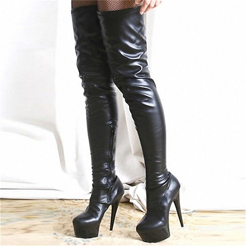 Overknee-Stiefel aus schwarzem Lacklederimitat für Damen – Plateau-Stiletto-Overknee-Stiefel für Clubwear, zum Ausgehen und für Auftritte Image