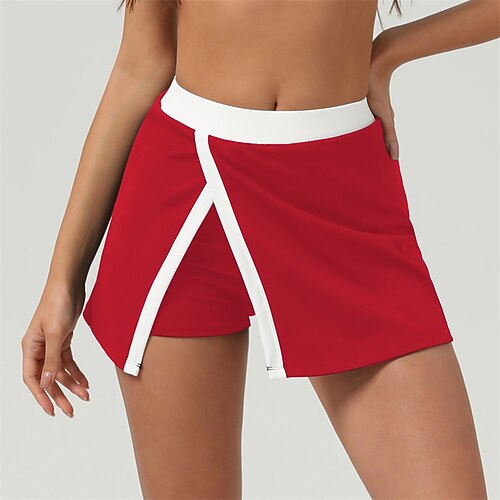 Damen Patchwork Lässiger Rock Tennisröcke Tennisröcke mit Shorts Kontrastbindung Geteilt Schnelltrocknend Atmungsaktiv Tennis Golfspiel Pickleball Schwarz Rot Dunkelblau Tennisbekleidung Image