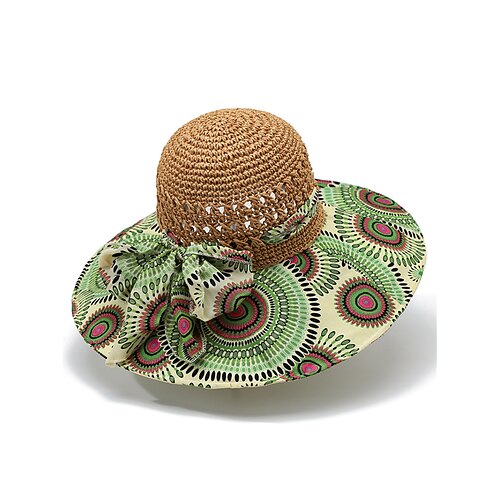 Damen-Sonnenhut aus Stroh mit breiter Krempe und bunter Schleife im Ethno-Print – faltbarer Strandhut im Boho-Stil für Sommerreisen und Urlaub Image