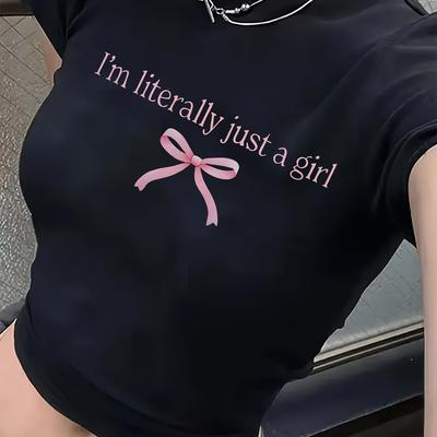 "TEMU Y2k-inspired "i'm Just A & Bow" Graphic Tee - Black Short Sleeve Crop Top With Pink Bow Detail, Casual Spring/summer Women's Fashion, Cute Summer Top | Y2k Fashion | Bow Detailing" Image