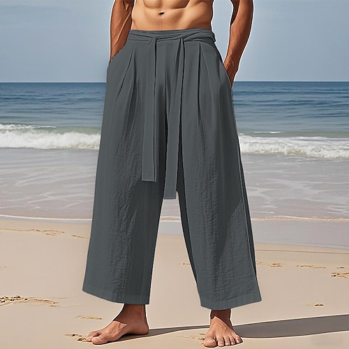 Herren Leinenhosen Hose Sommerhose Strandhose Tasche Kordelzug Elastischer Bund Einfach Komfort Atmungsaktiv Urlaub Täglich Ferien Hawaiianisch Boho Schwarz Beige Image
