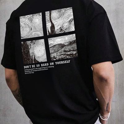 TEMU Men's Van Gogh Starry Night Graphic T-shirt, Polyester Blend, Casual Crew Neck Tee, Regular Fabric Top With Stretch, With Inspirational Quote, For Spring Summer Fashion Image