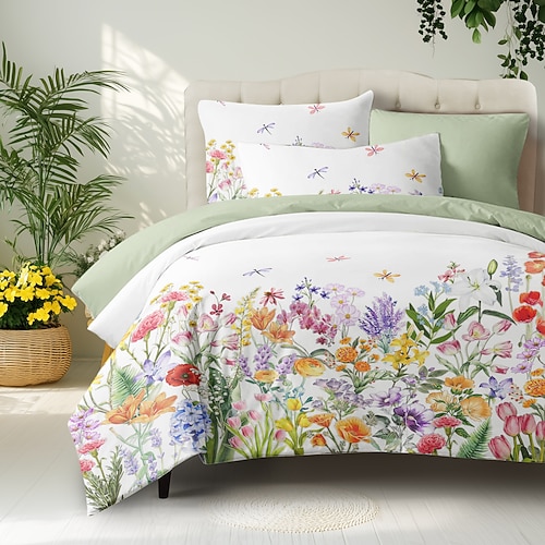 Blumen Bettbezug 100% Baumwolle Vollgröße Bettwäsche Set Bettsets Steppbettbezug Weicher Leichter Bettdeckenbezug mit 2 Kissenbezügen für alle Jahreszeiten Image