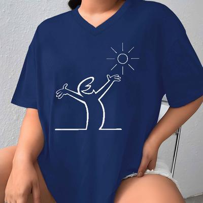 TEMU Geometry Plus Size Women's V-neck Polyester Knit T-shirt, Geometric-pattern, Stretch, 150g/m², Sports, Image