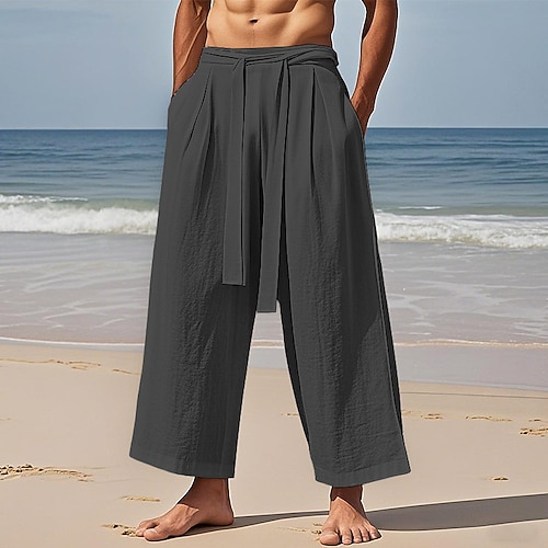 Herren Leinenhosen Hose Sommerhose Strandhose Tasche Kordelzug Elastischer Bund Einfach Komfort Atmungsaktiv Urlaub Täglich Ferien Hawaiianisch Boho Schwarz Beige Image