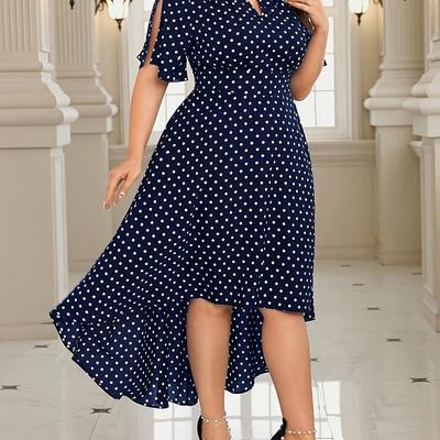 TEMU Plus Size Women's Elegant Polka Dot Midi Dress - Navy & White Round Neck Short Sleeve, Machine Washable Non-stretch Fabric For Spring/summer Casual & Semi-formal Occasions Image