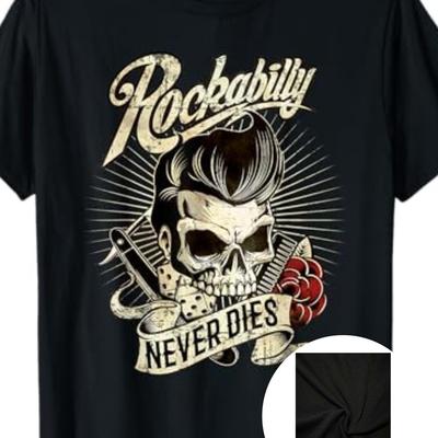 TEMU Rockabilly Never Dies Men's Skull & Scissors Graphic Cotton T-shirt - 220gsm Regular Neck Short Sleeve Tee With Digital Heat Transfer Print, Casual Shirt For Men Image