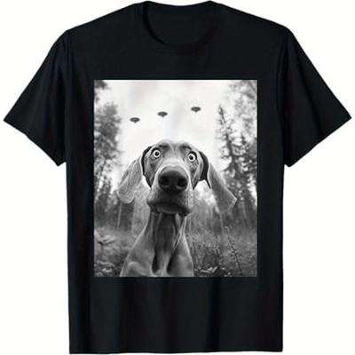TEMU 1pc Weimaraner Dog Ufo Selfie T-shirt - Funny Dog Mom Dad Graphic Tee, 180g Cotton Knit, Round Neck, Short Sleeve, Unisex For All , Regular Fit, Adult Casual Wear Image
