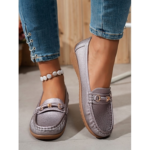 Damen-Mokassins aus metallischem Kunstleder mit goldenem Horsebit-Detail, bequeme Slip-On-Schuhe zum Autofahren, für die Arbeit und Freizeitausflüge Image