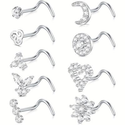 TEMU 9pcs 18g Silvery Golden Nose Studs Nose Screw Stainless Steel, Heart Style, Cute Nose Nostril Piercing Jewelry For Women Men, For Daily, Party, Gift For Day Image
