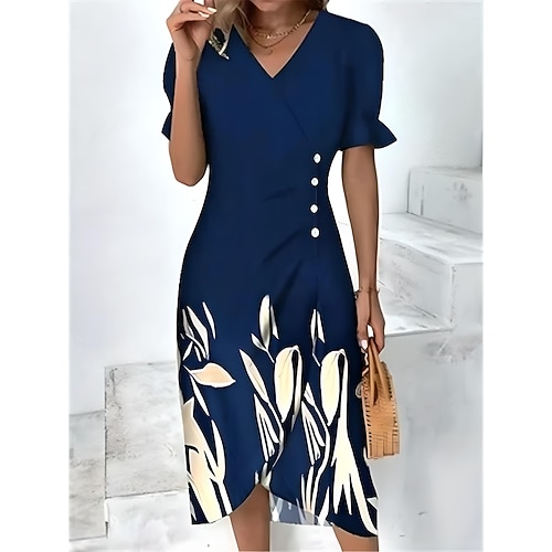 Damen Midi Kleid Wickelkleid Elegantes Leichtes Puffärmel Kurzarm V-Ausschnitt Ausgehen Reguläre Passform Blumen Grafik Rostrot Blau Lila Grün Image
