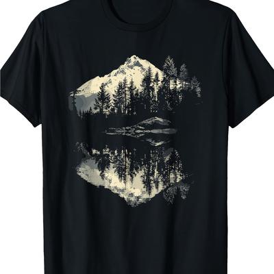 TEMU Men's 100% Cotton Mountain Landscape & Forest Reflection T-shirt - Casual Round Neck, Short Sleeve Tee With Outdoor Scene Print, Black, 220g/ M², Casual Attire Cotton Printed Shirts Image